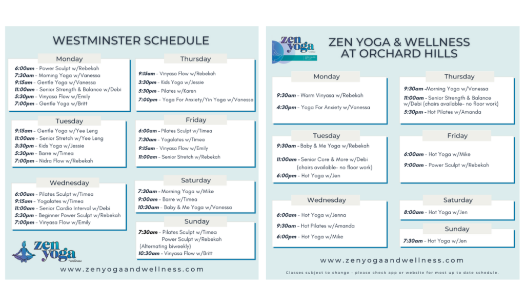 Class Schedule – Zen Yoga & Wellness – Westminster, MA