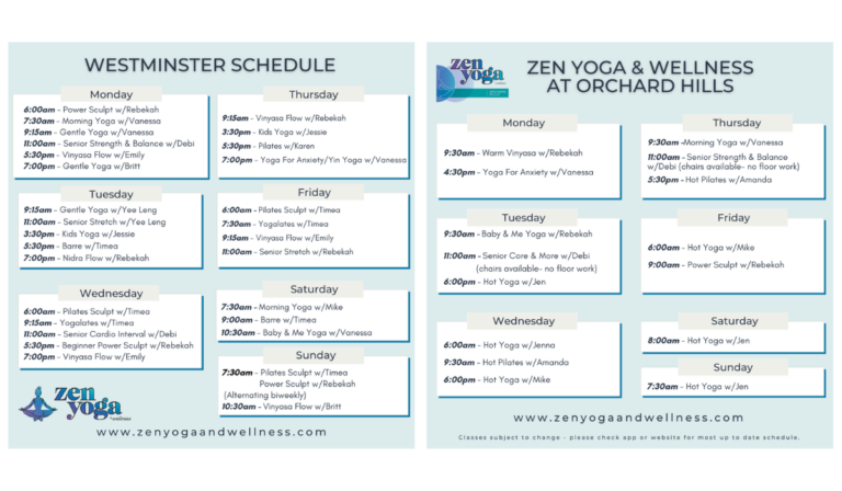Class Schedule Zen Yoga Wellness